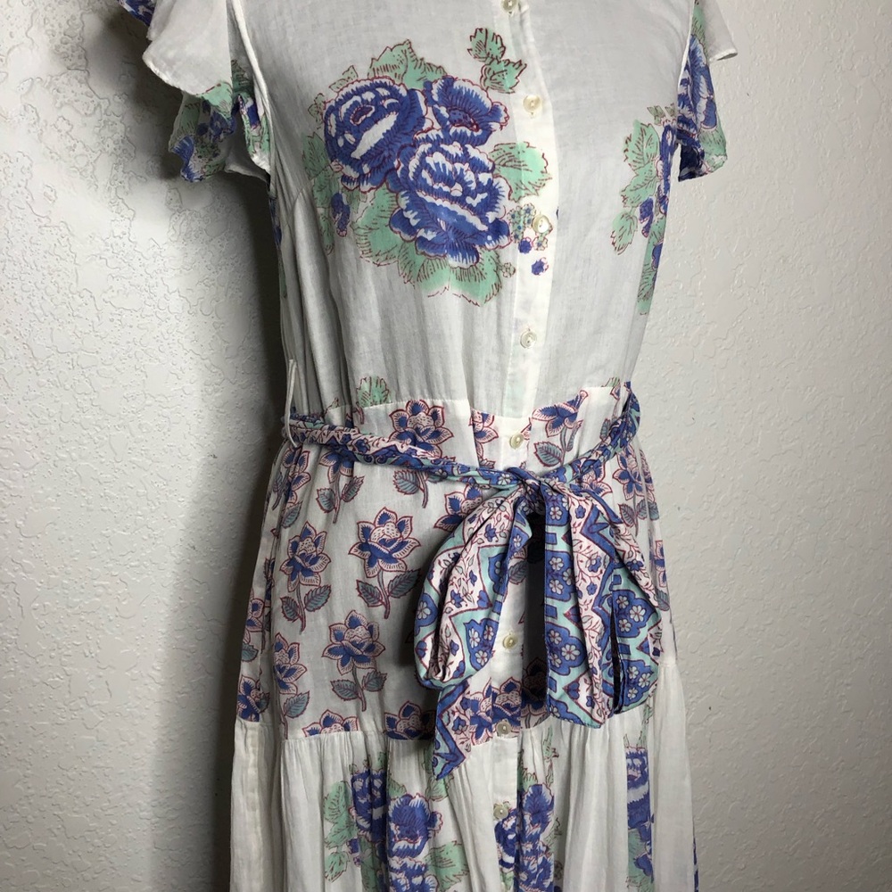Oliphant Portofino white blue floral button front ruffle trim maxi dress Small - Picture 4 of 16